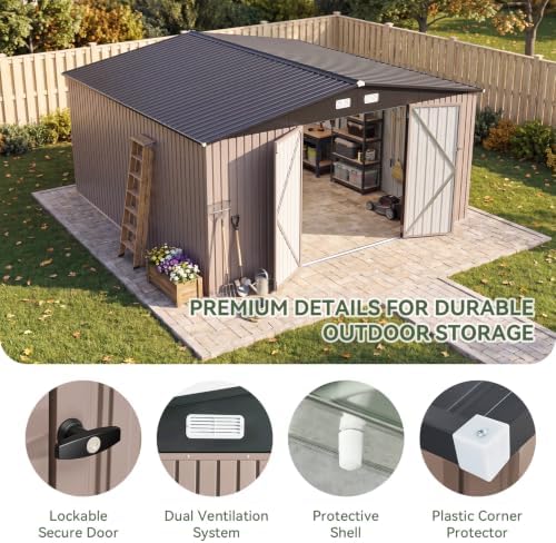 Aoxun 14x12 FT Outdoor Storage Shed with Lockable Double Doors, Brown