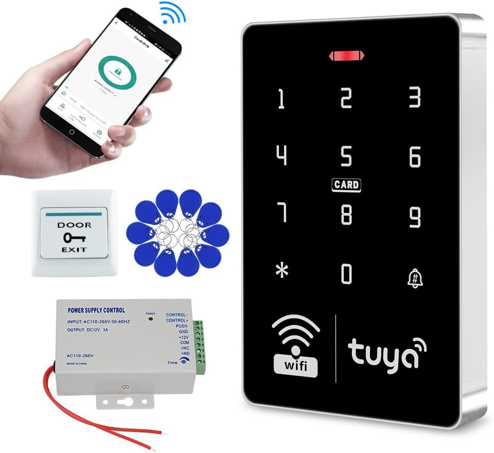 WiFi Access Control System Smart Tuya APP RFID Access Controller IP68 Waterproof 125KHz 13.56MHz Reader + Power Supply +10pcs Keyfobs (Without Lock)