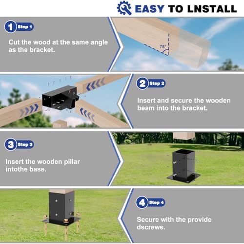 Pergola Kit, Slanted Roof Pergola Bracket, 4-Way Brackets with Post Base Kit, Log Cabin Outdoor 4"x 4" (Actual 3.5" X 3.5") Lumber