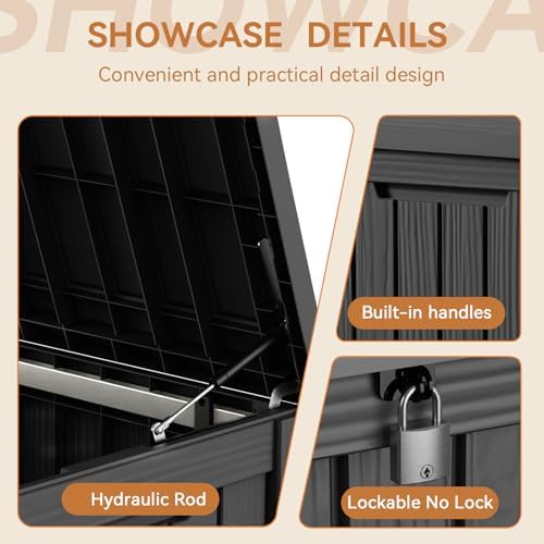 180 Gallon Outdoor Storage Box Waterproof, Resin Lockable Deck Box with Lid, Large Capacity Weatherproof Container for Patio Furniture, Side Table and Cushions (Black, 180 Gallon)