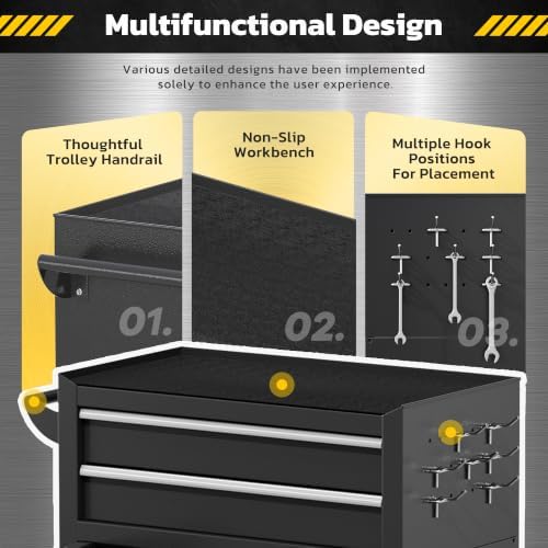Greenvelly 8 Drawers Rolling Tool Chest, Detachable Top Tool Box with Wheels & Side Hooks, Lockable Metal Tool Cabinet with Liners and Tray Divider for Garage, Warehouse, Workshop, Black