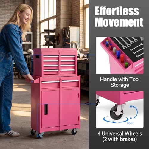 DREAMADE 5-Drawer Tool Chest Combo, Rolling Tool Cabinet w/Detachable Top Tool Box, Adjustable Shelves, Lockable Wheels, Metal Tool Box for Garage, Workshop, Repair Shop Storage (Pink)