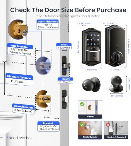 Veise VE027-K WiFi Smart Deadbolt Locks with 2 Knobs Set, Matte Black