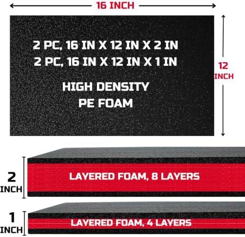 ONREVA Tool Box Foam Organizer 2pc 16x12x2in & 2pc 16x12x1in, Kaizen Sheets for Pro Tool Control, Custom Tool Shadow Inserts for Cases & Drawers, High Density Polyethylene Foam, Black with Red
