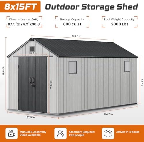 Jocoevol Heavy Duty Storage Shed, 8x15FT Resin Outdoor Shed for Backyard