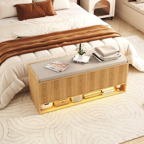 HOMEFORT 47.2" Fluted Shoe Storage Bench, Entryway Bench with Linen Seat Cushion, Shoe Cabinet Bench with Adjustable Shelf and Built-in LED Sensor Light, Bench for Bedroom End of Bed, Natural Oak