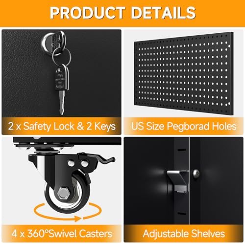 Metal Cabinet with Wheels,72.8" H Rolling Tool Storage Cabinet with Locking Doors and Adjustable Shelves,Garage Organization Cabinets,Lockable Storage Cabinet on Wheels for Garage,Warehouse (Black)