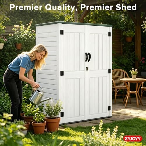 ZYJOYY Outdoor Storage Shed, 59 Cuft Outside Waterproof Storage Cabinet, HDPE Resin Plastic 385 Gallon Outdoor Storage Container, Vertical Lockable Storage Shed (Light Grey, 59 cuft/No Shelves)