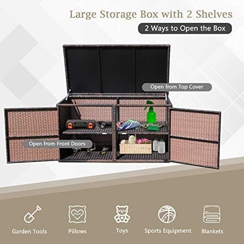 Tangkula 73 Gallon Outdoor Wicker Storage Box, Garden Deck Bin with Steel Frame, Rattan Storage Box with Lid, Ideal for Storing Tools, Accessories