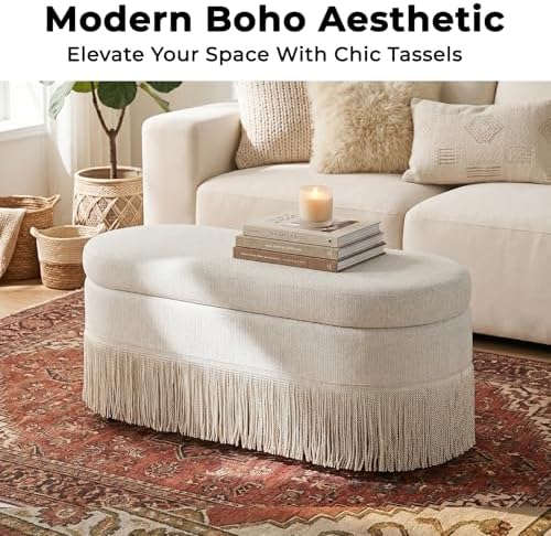 39.4“ Boho Storage Ottoman Bench with Tassels,Upholstered End of Bed Bench