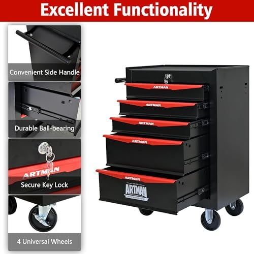 Heavy Duty 5-Drawer Rolling Tool Chest, Key Lock Tool Storage Cabinet with Lockable Casters & Drawer Liners, Mobile Tool Organizer Cart for Garage Workshop Warehouse Repair Shop (Black)