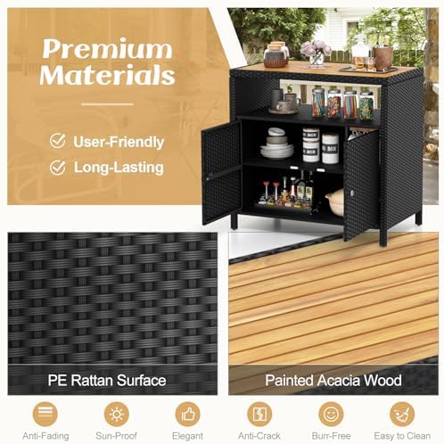 Rattan Storage Cabinet, Outdoor & Indoor Sideboards with Acacia Wood Countertop & Open Compartment, Wicker Patio Buffet Storage Bar Table for Garden Kitchen Poolside Backyard (Black)