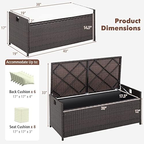 HAPPYGRILL 34 Gallon Patio Storage Bench Deck Box, 3-in-1 Rattan Wicker Storage Box with Seat Cushion & Zippered Protective Liner, Effort-Saving Gas Strut
