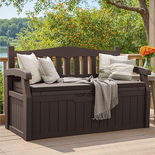 Greesum 80 Gallon Outdoor Storage Bench Deck Box with Cushion, Brown