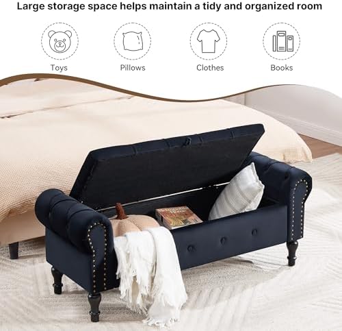 Storage Bench 51" Velvet End of Bed Benches Black