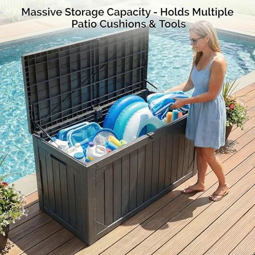 100 Gallon Outdoor Storage Bench - Waterproof Deck Box with Lock, UV Resistant Resin, Patio Furniture & Garden Tool Organizer, 400lb Capacity, Easy Assembly (Grey, 1 Pack)