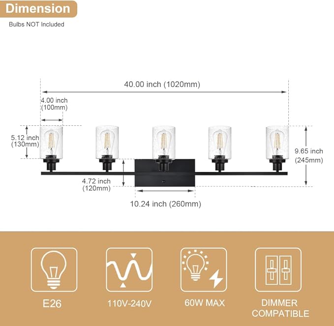 WINSHEN 40 Inches Length Black Bathroom Lighting Fixtures, 5-Light Modern