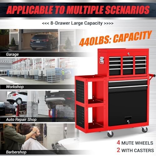 Heavy Duty 8 Drawer Rolling Tool Chest, 3-in-1 Modular Tool Box Set with Detachable 4-Tire Utility Cart, Lockable Workshop Tool Cabinet with Protective Liner for Industrial Warehouse, Red