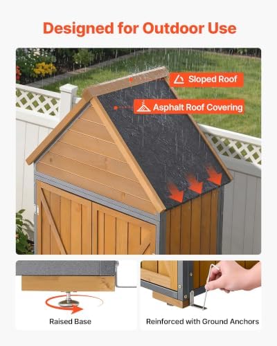 VEVOR Outdoor Storage Shed, 30" x 66.93" Wood & Metal Garden Tool Shed with Lockable Doors & Sloped Roof, Waterproof Outside Storage Cabinet with Shelves & Floor for Backyard Patio Lawn, Brown
