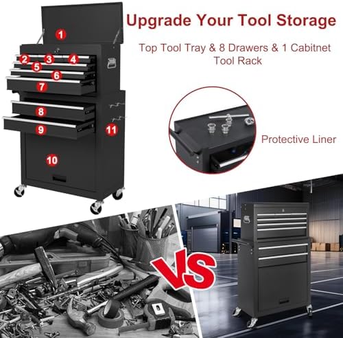 8-Drawer Rolling Tool Chest with Detachable Top Tool Box, Tool Cabinet with Universal Lockable Wheels, Mechanic Tool Organizer Storage Box for Garage Workshop Repair Shop Warehouse (Black)