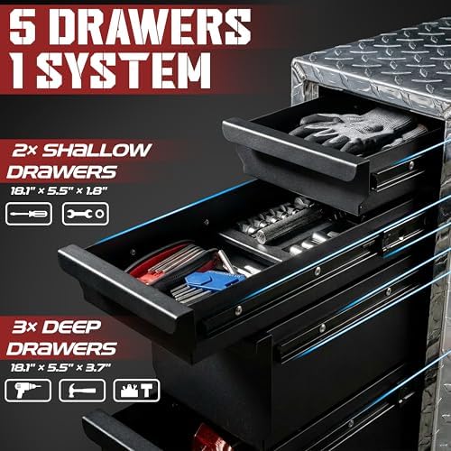 Truck Bed Tool Box with 5-Drawer Slides | Lockable Heavy-Duty Tool Chest Storage for Pickup, Jobsite & Side Trucks | 8-Inch Toolbox with Key (Silver Aluminum)