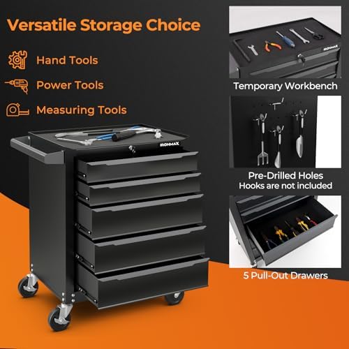 Goplus 5-Drawer Rolling Tool Chest, Steel Tool Storage Cabinet with Handle, Hanging Holes, Central Keyed Locking System, Universal Lockable Wheels, Tool Organizer Box for Garage Workshop