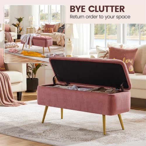Yaheetech Storage Ottoman Bench for Bedroom, Velvet End of Bed Bench, Pink