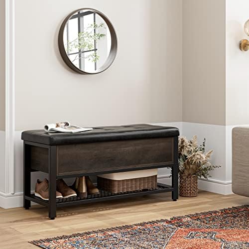 HOSTACK 40" W Storage Bench, Entryway Shoe Bench with Cushion, Dark Brown
