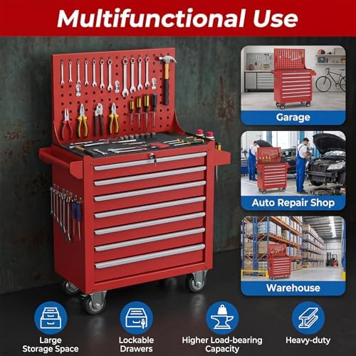 Rolling Tool Chest with Wheels, 7 Drawers Metal Tool Box with Pegboard