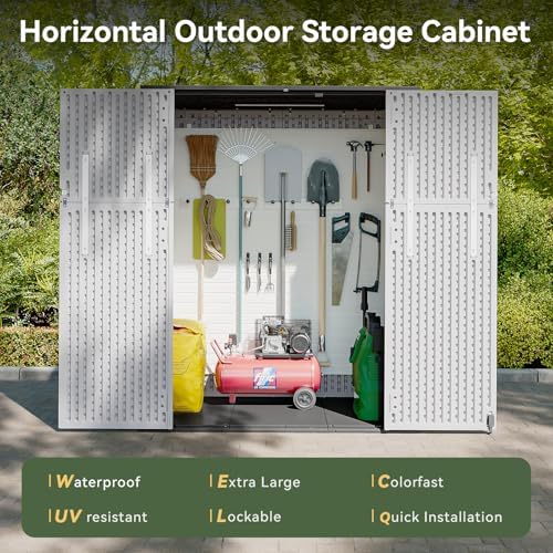 AOXUN Horizontal Storage Sheds 61 Cu.ft, HDPE Outdoor Storage Box 160 Gallon, Waterproof Lockable Resin Deck Box with Spring-Assisted Lid, Patio Storage for Garden, Pool, Cushions, Tools, White