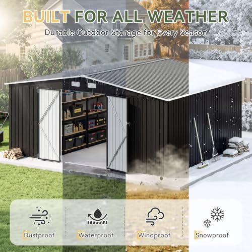 Aoxun 14x12 FT Outdoor Metal Storage Shed with Lockable Doors, Black