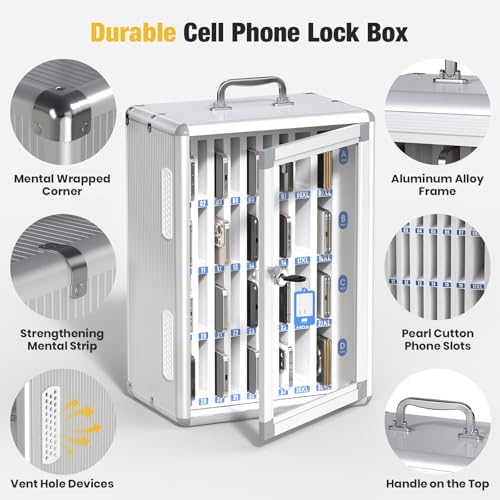Glosen 36 Slots Cell Phone Storage Locker for Classroom, Portable Phone Locker with Key Lock & Handle, Wall Mounted Phone Lock Box for Office & School, Fits Most Smartphones (Silver)