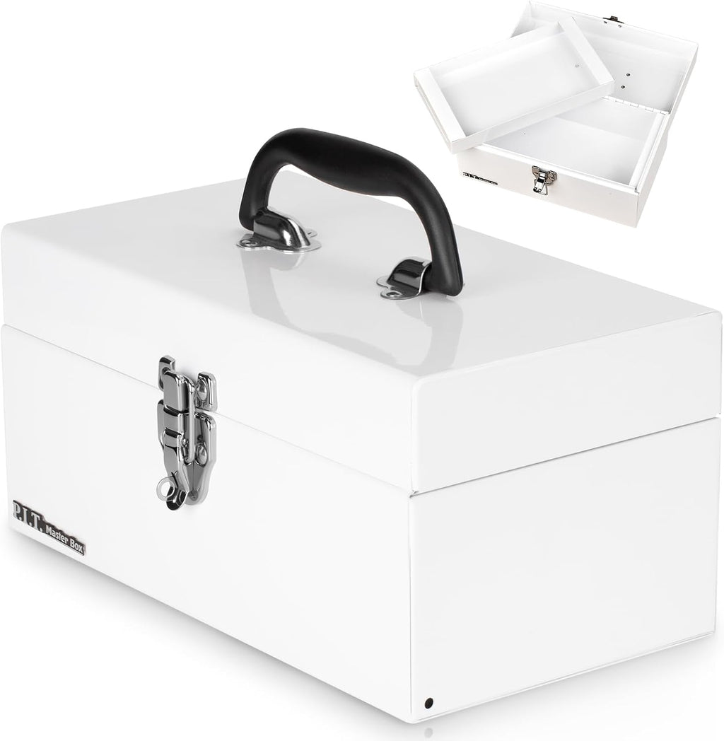 P.I.T. Metal Tool Box 12 Inch,Portable Small Toolbox with Latch,White