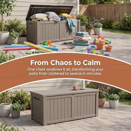 148 Gallon Resin Deck Box - Outdoor Storage Chest for Patio Furniture Cushions, Garden Tools, Pool Accessories & Backyard Organization Lockable Waterproof All-Weather, Easy Assembly