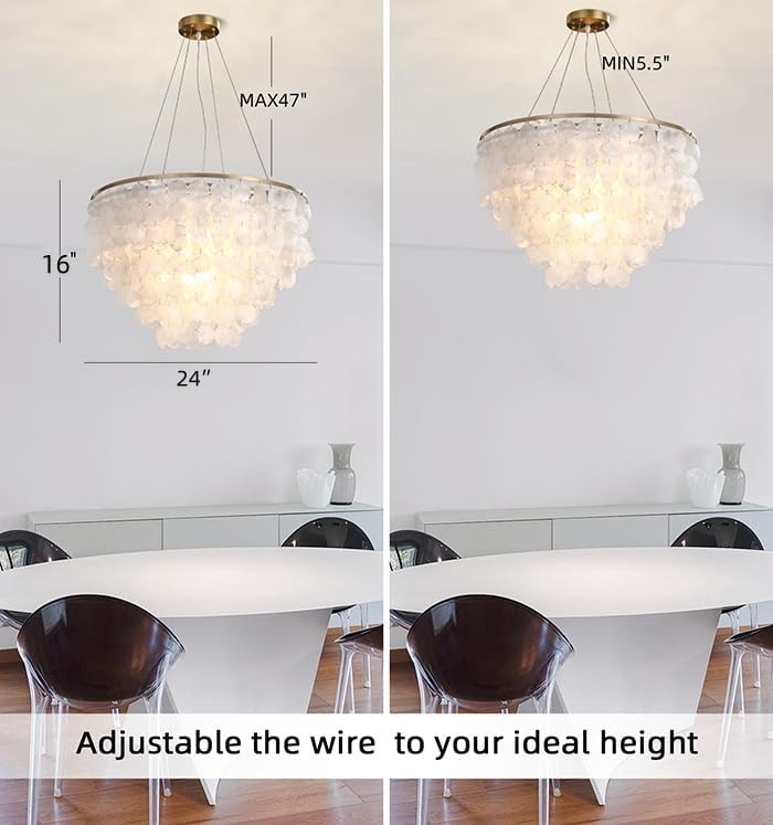 5 Tier Capiz Shell Chandelier, H16'' x D24'' Natural Shell Hanging Ceiling Light Fixtures Seashell Coastal Chandeliers for Living Room(More Additional Shell Parts Included) Gold