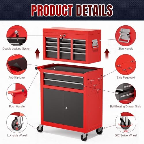 10-Drawer Rolling Tool Chest with wheels, Lockable 2-in-1 Tool Box