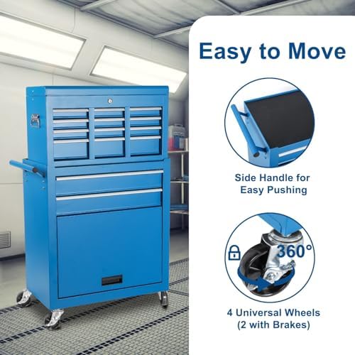 8-Drawer Rolling Tool Chest with Detachable Top Tool Box, Tool Cabinet with Universal Lockable Wheels, Mechanic Tool Organizer Storage Box for Garage Workshop Repair Shop Warehouse (Blue)