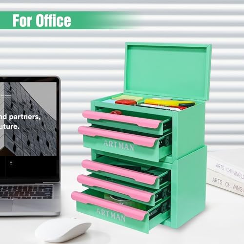 Mini Metal Tool Box, 2+3 Layer Portable Steel Small Tool Chest Cabinet,Stackable Desktop Organizer,Makeup & Stationery Storage Drawers with Handles for Home Office Workshop(Creamy Green & Pink)