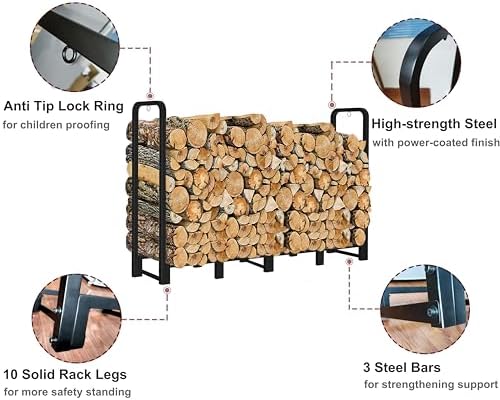 Firewood Rack Outdoor 8ft Heavy Duty Logs Holder for Indoor Fireplace Metal Wood Pile Storage Stacker Organizer, Matte Black