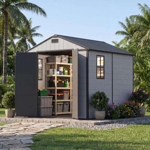Patiowell 8x8 FT Plastic Outdoor Storage Shed with Floor, Light Gray