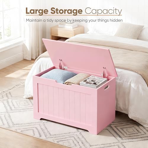 SUPER DEAL Storage Chest, 30 inches Chest Box Organizer with 2 Safety Hinges, Wooden Entryway Storage Bench, Pink