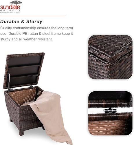 Sundale PE Wicker Deck Storage Box, 13 Gallon, Brown Outdoor Bin with Lid