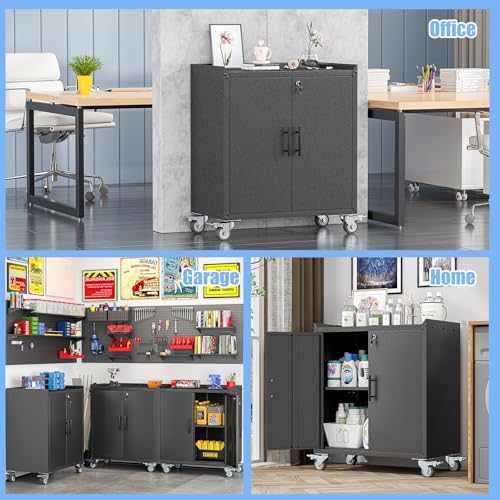 35.6" Rolling Metal Garage Storage Cabinet with Wheels & Lock, Black Gray