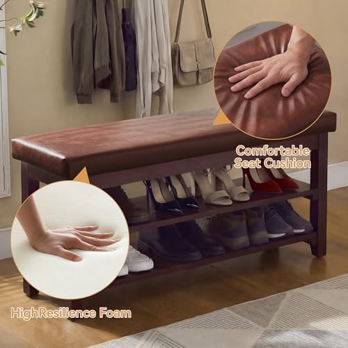 40" Wooden Shoe Rack with Seating, Entryway Bench with Shoe Storage, Brown