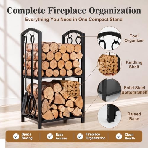 FEED GARDEN Firewood Rack Log Holder with 4-Piece Fireplace Tool Set, 29" H