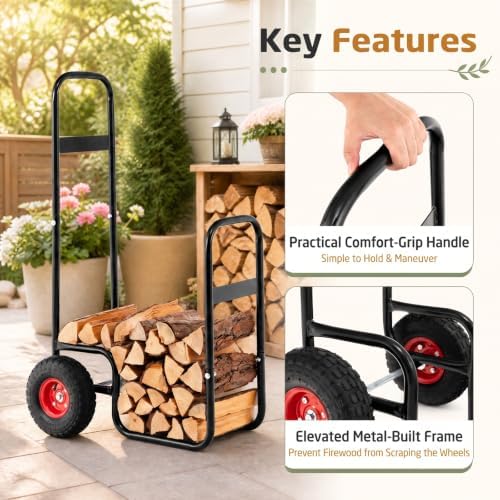 Goplus Firewood Cart with Wheels, Outdoor Indoor Rolling Fire Wood Log Cart with Pneumatic Rubber Tiers, 220 LBS Load Capacity Heavy Duty Steel Wood Storage Hauler, Log Holder Rack for Fireplace