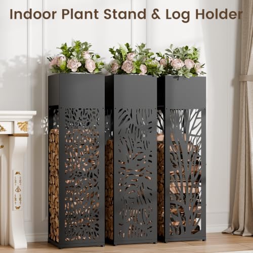 12" Firewood Rack Outdoor with Planter & Reinforced Bottom, Black