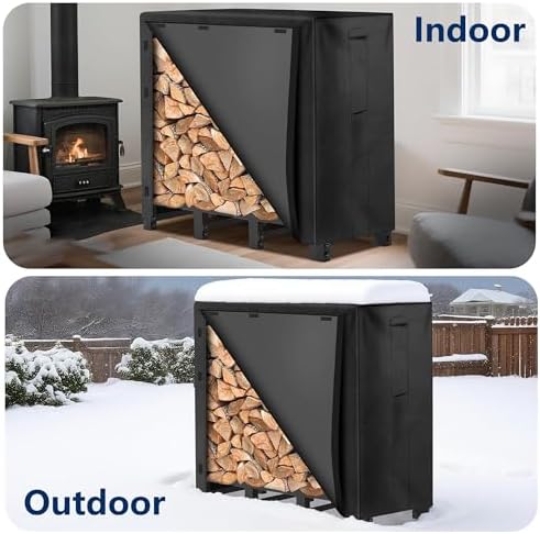 AMAGABELI GARDEN & HOME 4ft Firewood Log Rack Cover Outdoor Heavy Duty wood rack cover Waterproof Fire Wood Storage Covers 600D Oxford Fabric Fireplace Logs Holder Cover Black
