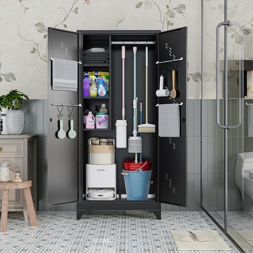 Metal Storage Cabinet, 75" Cleaning Tool Cabinet with Locking Door, Tall Storage Sheds Tool Organizer, Large Broom Cabinet for Bathroom, Laundry Room, Kitchen, Pantry, and Humid Environments