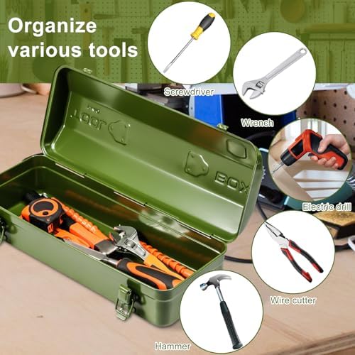 Tool Box, 16.9" Portable Metal Tool Organizer Box with Double Latch Closure and Handle, Heavy Duty Hip Roof Style Tool Chest for Household Workshop Car (Green)
